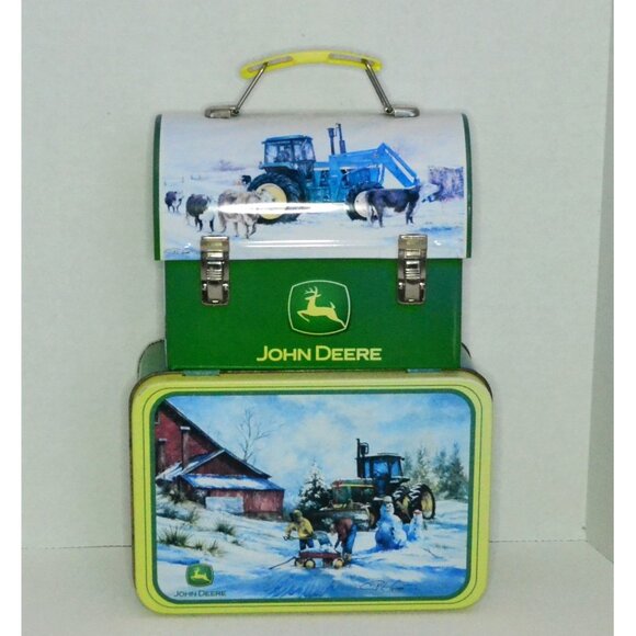 Pair Of John Deere Collector Tins Box Lunch Pail Winter Scenes Farmhouse Decor - Picture 1 of 9